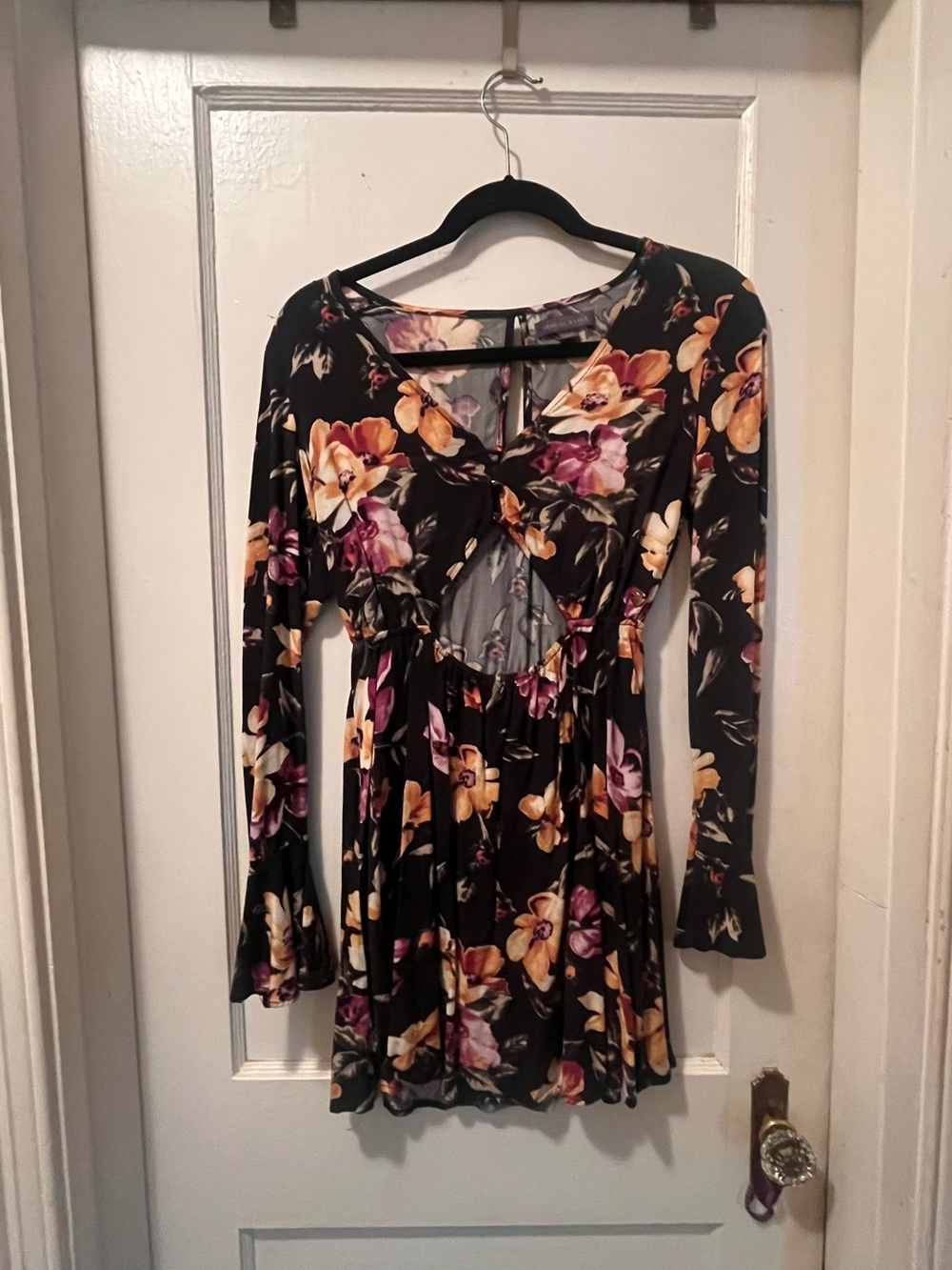 Kendall & Kylie Black Long-Sleeve Floral Mini Dress with Yellow & Purple Flowers